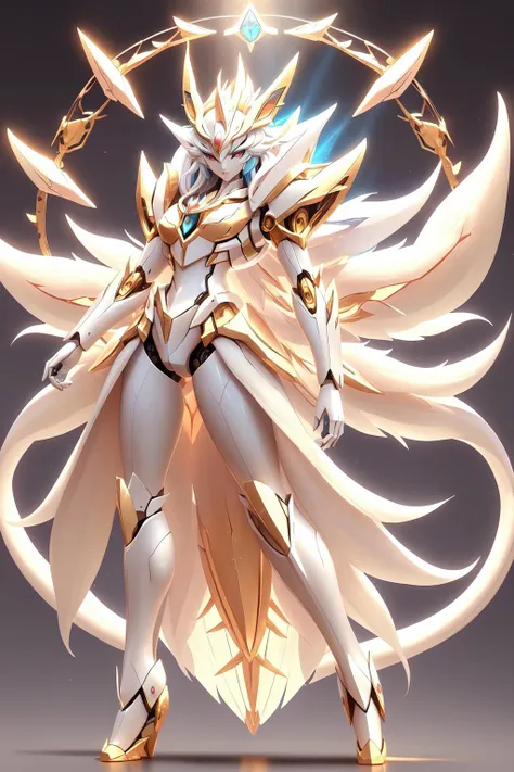 a close up of a white and gold anime character with a sword