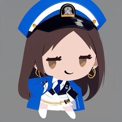 masterpiece, best quality, simple background, flat color, no lineart, chibi, solo, 1girl, diesel \(nikke\), smile, earrings, jewelry, jacket on shoulders, white shirt, collared shirt, striped, blue necktie, white gloves, white skirt, blue headwear, peaked cap <lora:style_helltakerchibi-000010:1> <lora:diesel-nikke-richy-v1:0.9>