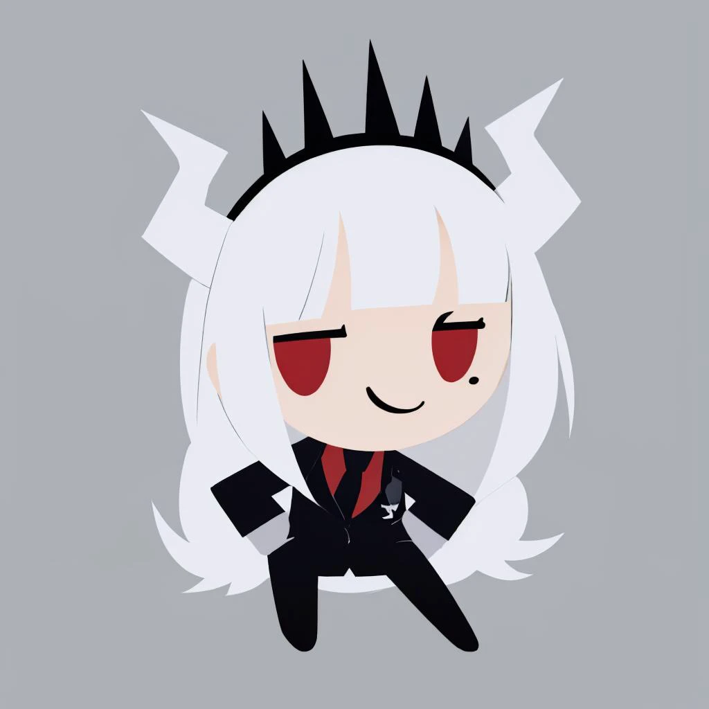 masterpiece, best quality, simple background, flat color, no lineart, chibi, solo, 1girl, luciferdef, smile, long hair, formal, suit, black jacket, red shirt, black necktie, white gloves, black pants <lora:style_helltakerchibi-000010:1> <lora:helltaker_lucifer:1>