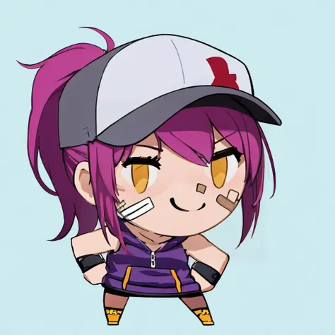 simple background, flat color, no lineart, chibi, solo, 1girl, LeahAirisubaka, smile, ponytail, yellow eyes, baseball cap, toned, cheek bandaid, purple hoodie, sleeveless <lora:style_helltakerchibi-000010:1> <lora:LeahAirisubaka_V1-Manityro-Dadapt:0.9>