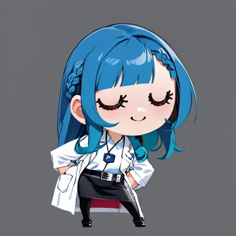 masterpiece, best quality, simple background, flat color, no lineart, chibi, solo, 1girl, civitai-chan, smile, blue hair, braided bangs, closed eyes, labcoat, shirt, shirt tucked in, single vertical stripe, black skirt, pencil skirt, pantyhose, necklace, belt <lora:style_helltakerchibi-000010:1> <lora:gijinkaseries_civitai-18:0.7>