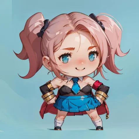 High Quality, Masterpiece, 1girl, <lora:emily:0.65>, short hair, twintails, pink hair, short necktie, strapless crop top, skirt, detached sleeves, blue jacket, long sleeves, armband, <lora:style_helltakerchibi:1.2>, simple background, flat color, no lineart, chibi, smile,