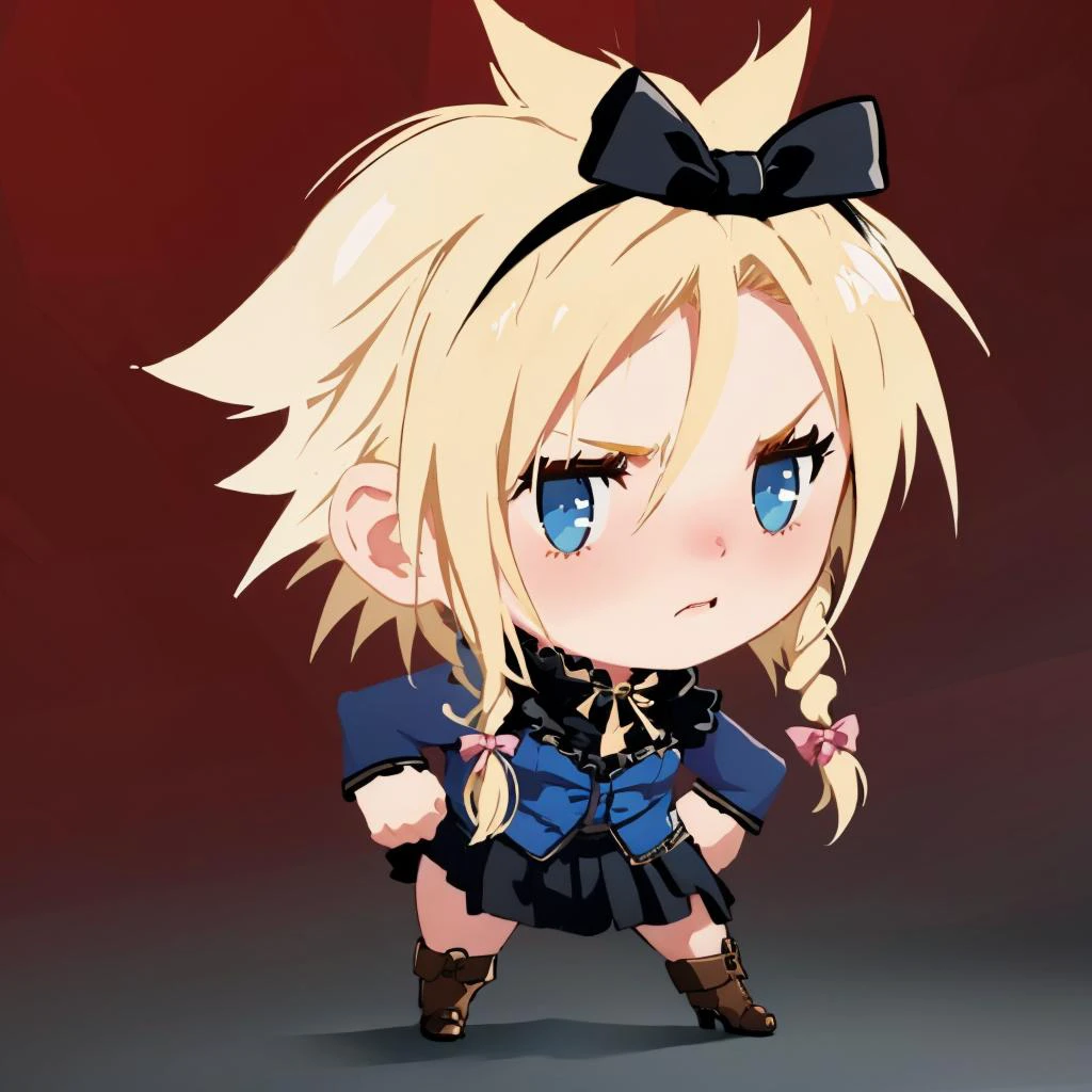 masterpiece, best quality, <lora:style_helltakerchibi-000010:1> simple background, flat color, no lineart, chibi <lora:cloudstrife-nvwls-v1-final:0.8> cloud strife, crossdressing, twin braids, male focus, frilled dress, hair bow