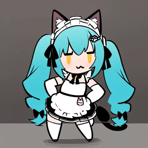 <lora:style_helltakerchibi:0.8> chibi, hands on hips, simple blackground, flat, background, <lora:NIKKE_UnkindMaid-DEF:0.6> unkindmaid, hair ornament, aqua hair, yellow eyes, elbow gloves, twintails, maid, thighhighs, cat ears, cat tail