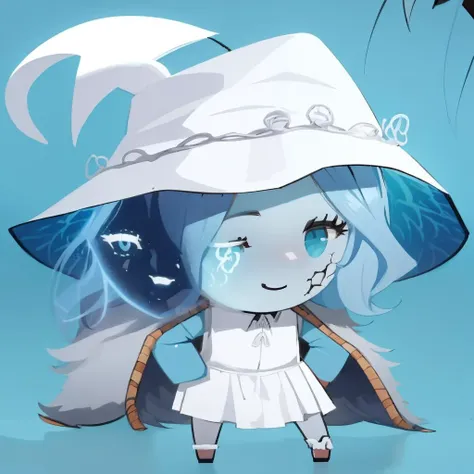 High Quality, Masterpiece, 1girl, <lora:style_helltakerchibi:1.2>, simple background, flat color, no lineart, chibi, IncrsRanni, wavy hair, colored skin, blue skin, cracked skin, extra arms, extra faces, white dress, hat, cloak, <lora:Char_EldenRing_Ranni:0.9>, ExtraFacesRanni, <lora:Looks_ExtraFaces:1>, smile,