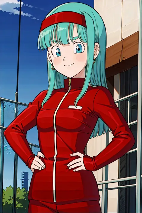 <lora:Bulla:0.6>, bulla, aqua hair, blue eyes, long hair, ((tracksuit)),
city, street, buildings, blue sky,