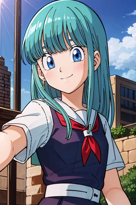 <lora:braGT-000007:0.5>, masterpiece,
bulla, aqua hair, blue eyes, selfie,
((school uniform)), smile,
city, sunlight, blue sky