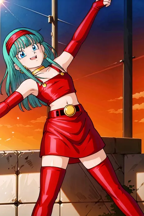<lora:braGT-000007:0.6>, masterpiece,
bulla, aqua hair, blue eyes, red hairband, hoop earrings,
gold choker, bare shoulders, red leather crop top, midriff, belt, red elbow gloves, red leather skirt, red thigh boots
((dancing )), zettai ryouiki,
city, sunlight, blue sky, street,