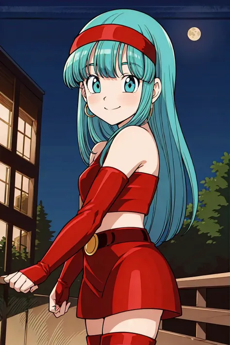 source_anime, score_9, score_8_up, score_7_up, anime screencap,
bulla,mediun breasts, bigass 1girl, solo, long hair, aqua hair, looking at viewer, smile, open mouth, bangs, collarbone, :d, outdoors, sky, cloud, night, bridal gauntlets, eyelashes, hoop earrings, eyebrows, miniskirt, bare shoulders, cloudy sky,, hairband, red hairband, earrings, blue eyes, elbow gloves, red gloves, fingerless gloves, crop top, red topwear, midriff, yellow belt, skirt, red skirt
 