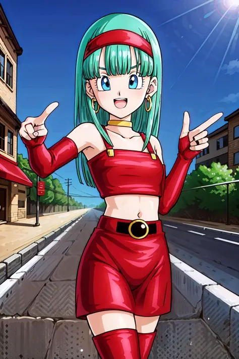 <lora:braGT-000007:0.6>, masterpiece,
bulla, aqua hair, blue eyes, red hairband, hoop earrings,
gold choker, bare shoulders, red leather crop top, midriff, belt, red elbow gloves, red leather skirt, red thigh boots
((pointing at viewer, )), zettai ryouiki,
city, sunlight, blue sky, street,