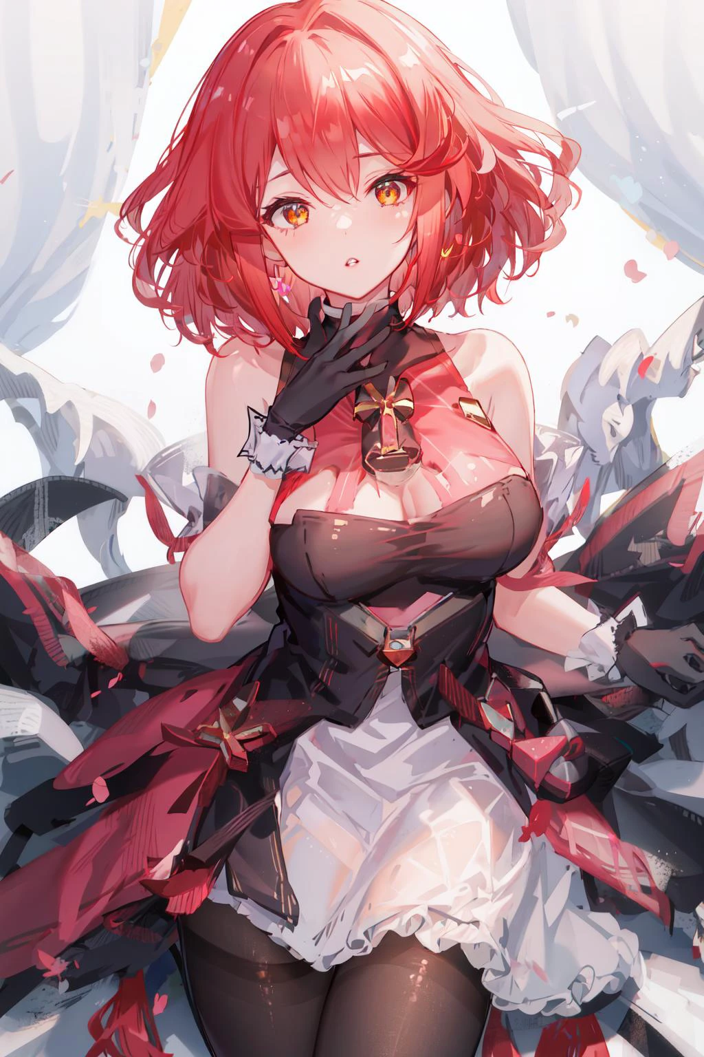 masterpiece,best quality,1girl,pyra,solo,bare_shoulders, black_ribbon,middle breasts, white_dress, collared_dress, dress, gloves, hair_ornament, hair_ribbon, hand_up, narrow_waist, neck_ribbon, pantyhose, pantylines, parted_lips, ribbon, short_dress, sleeveless, sleeveless_dress, swept_bangs, wrist_cuffs, <lora:homura_v1:1>