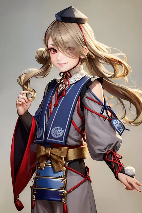 (masterpiece, best quality:1.2), <lyco:toukenranbu_imanotsurugi-10:1.0>, cowboy shot, solo, male focus, 1boy, imanotsurugi, smile, closed mouth, looking at viewer, hair over one eye, tokin hat, chin strap, japanese clothes, japanese armor