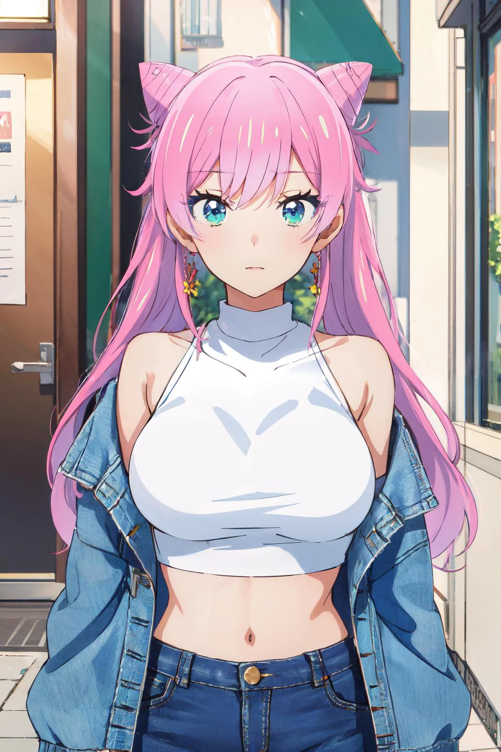 <lora:akari_watanabe:1>akari watanabe, long hair, solo, pink hair, blue eyes, looking at viewer, large breasts, 1girl ,Crop top, denim jacket ,twintails, double bun
