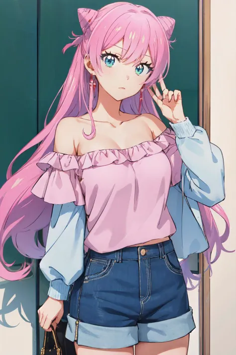 <lora:akari_watanabe:1>akari watanabe, long hair, solo, pink hair, blue eyes, looking at viewer, large breasts, 1girl ,Off-the-shoulder top, shorts ,twintails, double bun