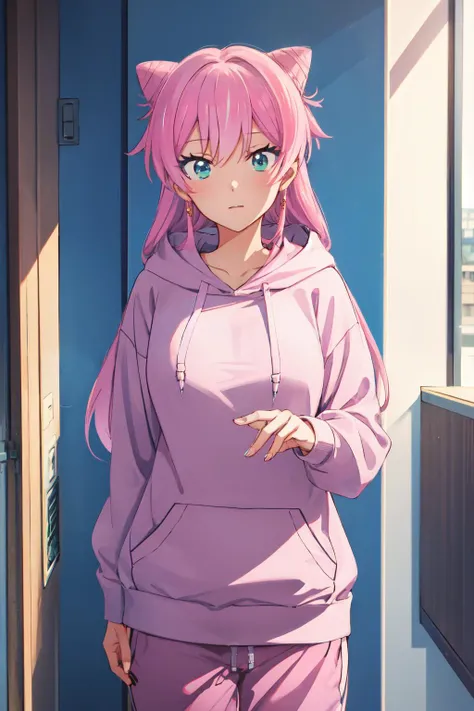 <lora:akari_watanabe:1>akari watanabe, long hair, solo,  pink hair, blue eyes, looking at viewer, large breasts,  1girl ,Joggers, hoodie ,twintails, double bun