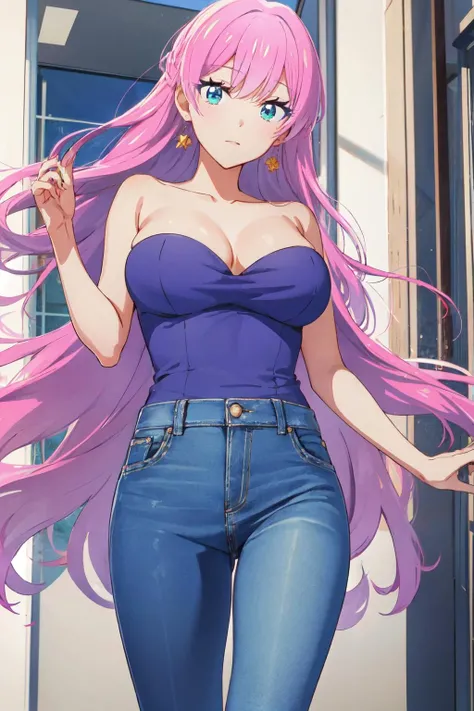 <lora:akari_watanabe:1>akari watanabe, long hair, solo, pink hair, blue eyes, looking at viewer, large breasts, 1girl , strapless dress, jeans