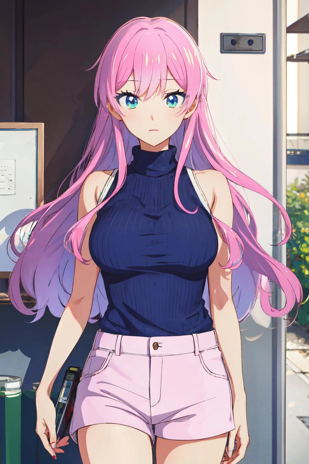 <lora:akari_watanabe:1>akari watanabe, long hair, solo, pink hair, blue eyes, looking at viewer, large breasts, 1girl , turtleneck, shorts