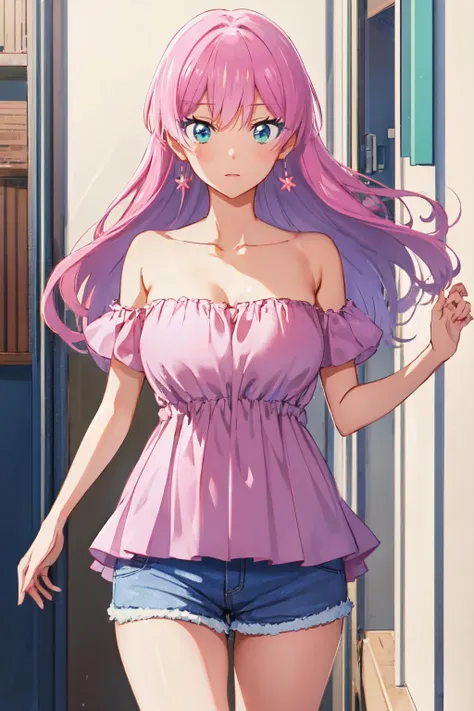<lora:akari_watanabe:1>akari watanabe, long hair, solo, pink hair, blue eyes, looking at viewer, large breasts, 1girl , strapless dress, shorts