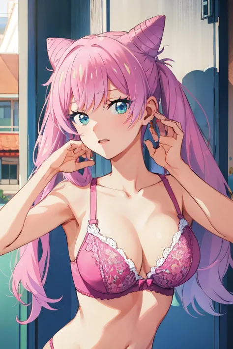 <lora:akari_watanabe:1>akari watanabe, long hair, solo, pink hair, blue eyes, looking at viewer, large breasts, 1girl , padded bra ,twintails, double bun