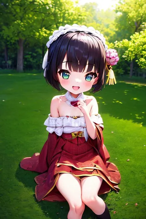 1girl,:d,,open eyes,sitting,outdoors, forest,(RAW image,HD,HQ,8k,masterpiece,cinematic light,lot of detail,beautiful character,sharp, (hdr), artstation, dramatic, intricate details,full body),intricate background, <lora:yuneIkokuMeiroNo_v10:0.9>,yune,hair ornament\(origin\),upper body,