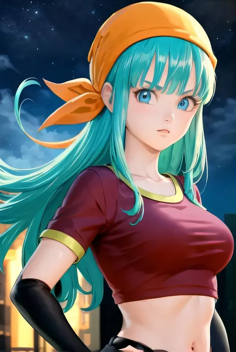 best quality, (masterpiece),(ultra-detailed), (high quality), (high resolution), <lora:brapan:0.7>, 1girl, aqua hair, blue eyes, brapan, gloves, long hair, red shirt, solo,bandana, upper body,