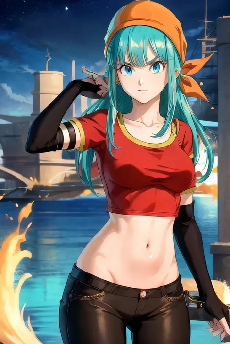 best quality, (masterpiece),(ultra-detailed), (high quality), (high resolution), <lora:brapan:0.7>, 1girl, aqua hair, blue eyes, brapan, gloves, long hair, red shirt, solo,bandana, upper body, short sleeves, navel,