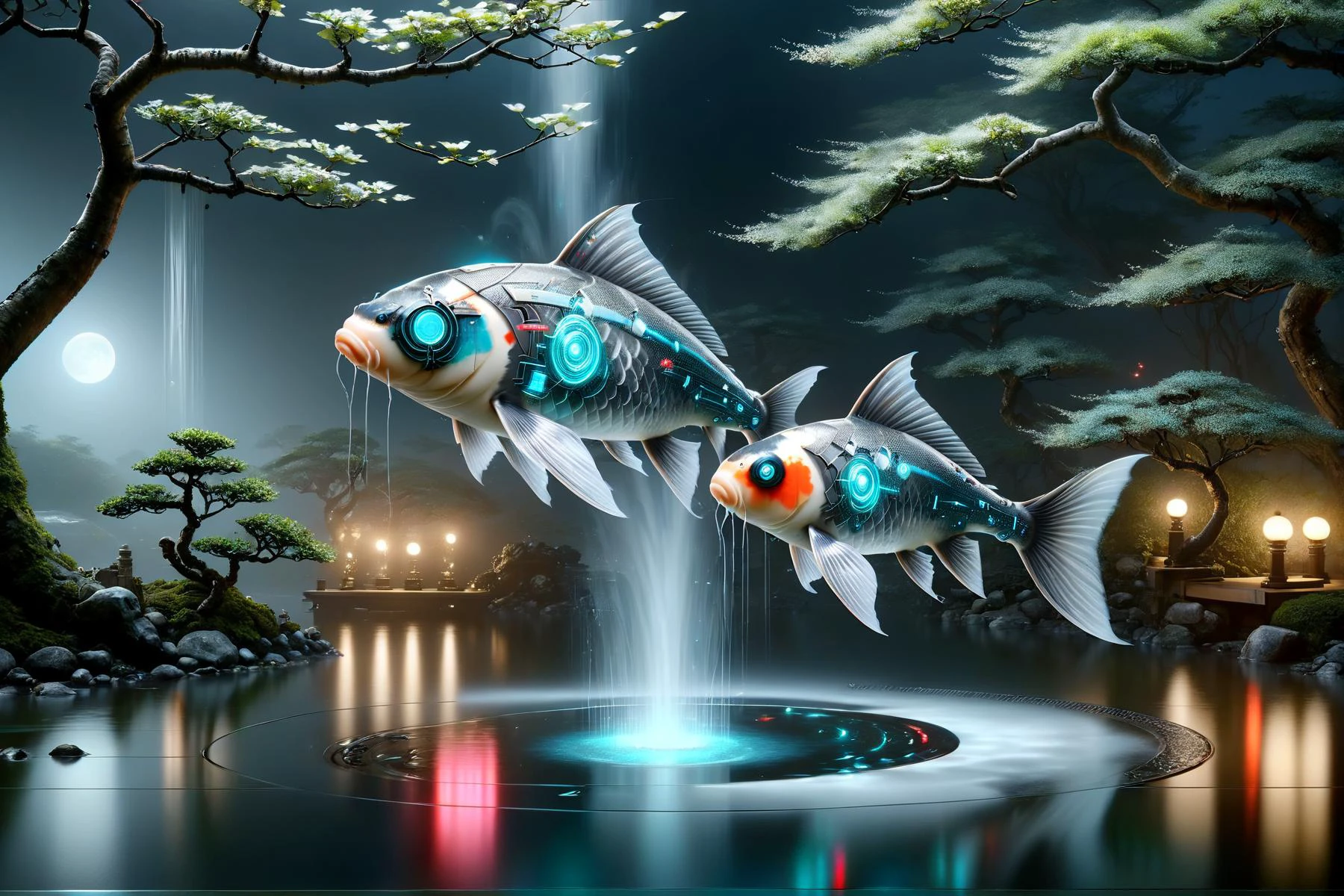 DonMH010D15pl4yXL cyberanimals,koi, cyberpunk Japanese garden, (mist, dark night:1.4), mystical, moonlight, stars, ethereal atmosphere, serene, tranquil, bonsai trees, stone arrangement, reflective pond, floating above water, moonlit night, shimmering scales, soft glow, mist, delicate shadows, peaceful, otherworldly, natural elegance, magical wonder, luminous, tranquil haven, mirror-like surface, gentle illumination, fluid movement, captivating beautyr<lora:Neon_Cyberpunk_SDXL_Cyberanimals:1.2> <lora:DonMH010D15pl4yXL:1>, <lora:EnvyBetterHiresFixXL01:1>, RAW photo, subject, 8k uhd, dslr, soft lighting, high quality, film grain, Fujifilm XT3