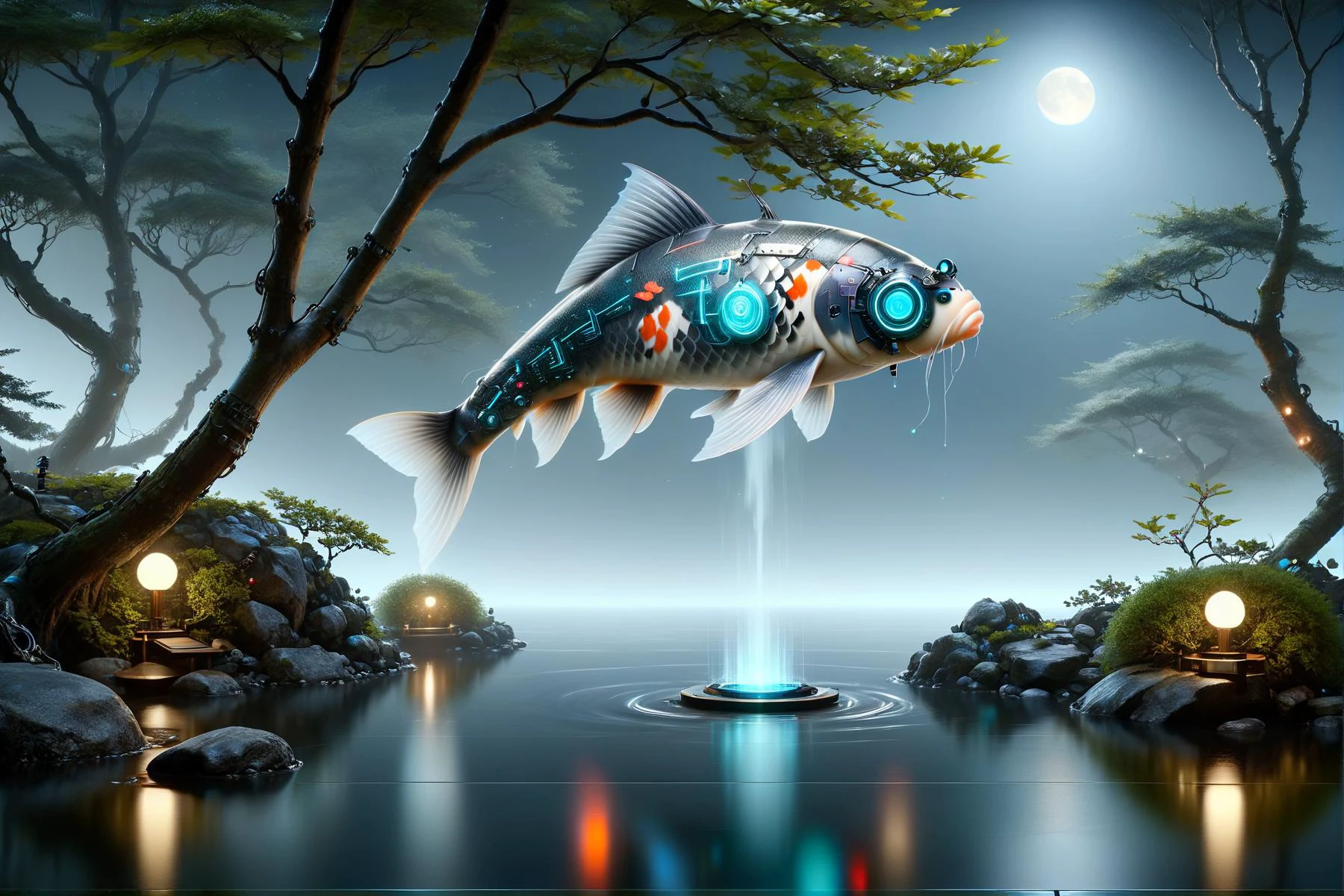 DonMH010D15pl4yXL cyberanimals,koi, cyberpunk Japanese garden, (mist, dark night:1.4), mystical, moonlight, stars, ethereal atmosphere, serene, tranquil, bonsai trees, stone arrangement, reflective pond, floating above water, moonlit night, shimmering scales, soft glow, mist, delicate shadows, peaceful, otherworldly, natural elegance, magical wonder, luminous, tranquil haven, mirror-like surface, gentle illumination, fluid movement, captivating beautyr<lora:Neon_Cyberpunk_SDXL_Cyberanimals:1.2> <lora:DonMH010D15pl4yXL:1>, <lora:EnvyBetterHiresFixXL01:1>, RAW photo, subject, 8k uhd, dslr, soft lighting, high quality, film grain, Fujifilm XT3