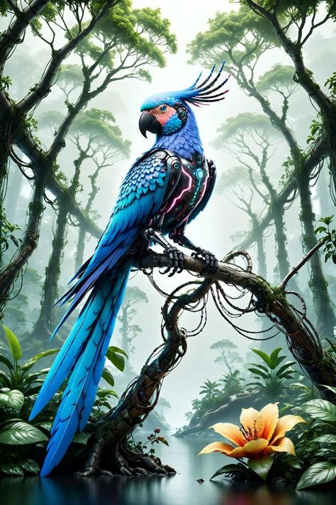 cyberanimals, Imagine a dense and colorful jungle scene, where the rich, lush greenery and vibrant flowers in a myriad of hues. The overall ambiance of the image is somewhat dark, conveying the depth and mystery of the jungle. However, light rays pierce through the thick canopy above, creating dynamic beams that illuminate patches of the verdant underbrush and floral sea. Perched on a branch within this vivid setting is a cybernetic parrot, its design a stark contrast to the natural surroundings. The parrot's feathers are a striking blend of teal, magenta, and other vivid cyberpunk colors. Its eyes emit a soft, glowing light, adding an otherworldly element to the scene. This juxtaposition of the natural jungle environment with the futuristic, colorful cybernetic parrot creates a unique and visually striking image <lora:Neon_Cyberpunk_SDXL_Cyberanimals:1> ac_neg2 <lora:EnvyZoomSliderXL01:-1>, (masterpiece:1.2), best quality, (hyperdetailed, highest detailed:1.2), high resolution textures, <lora:EnvyBetterHiresFixXL01:1>