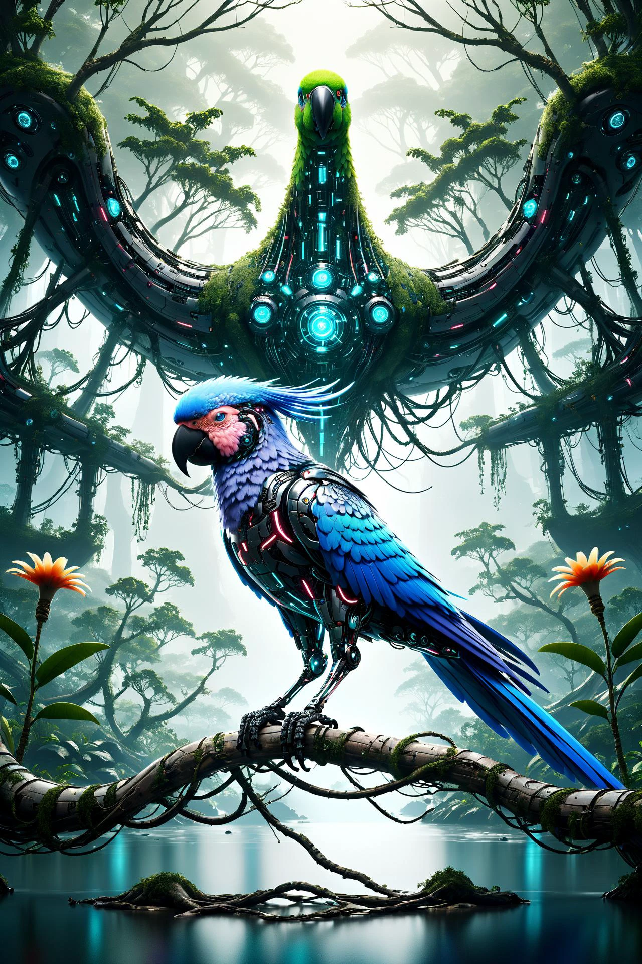 cyberanimals, Imagine a dense and colorful jungle scene, where the rich, lush greenery and vibrant flowers in a myriad of hues. The overall ambiance of the image is somewhat dark, conveying the depth and mystery of the jungle. However, light rays pierce through the thick canopy above, creating dynamic beams that illuminate patches of the verdant underbrush and floral sea. Perched on a branch within this vivid setting is a cybernetic parrot, its design a stark contrast to the natural surroundings. The parrot's feathers are a striking blend of teal, magenta, and other vivid cyberpunk colors. Its eyes emit a soft, glowing light, adding an otherworldly element to the scene. This juxtaposition of the natural jungle environment with the futuristic, colorful cybernetic parrot creates a unique and visually striking image <lora:Neon_Cyberpunk_SDXL_Cyberanimals:1> ac_neg2 <lora:EnvyZoomSliderXL01:-1>, (masterpiece:1.2), best quality, (hyperdetailed, highest detailed:1.2), high resolution textures, <lora:EnvyBetterHiresFixXL01:1>
