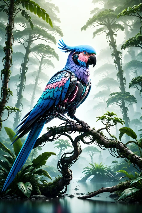cyberanimals, Imagine a dense and colorful jungle scene, where the rich, lush greenery and vibrant flowers in a myriad of hues. The overall ambiance of the image is somewhat dark, conveying the depth and mystery of the jungle. However, light rays pierce through the thick canopy above, creating dynamic beams that illuminate patches of the verdant underbrush and floral sea. Perched on a branch within this vivid setting is a cybernetic parrot, its design a stark contrast to the natural surroundings. The parrot's feathers are a striking blend of teal, magenta, and other vivid cyberpunk colors. Its eyes emit a soft, glowing light, adding an otherworldly element to the scene. This juxtaposition of the natural jungle environment with the futuristic, colorful cybernetic parrot creates a unique and visually striking image <lora:Neon_Cyberpunk_SDXL_Cyberanimals:1> ac_neg2 <lora:EnvyZoomSliderXL01:-1>, (masterpiece:1.2), best quality, (hyperdetailed, highest detailed:1.2), high resolution textures, <lora:EnvyBetterHiresFixXL01:1>