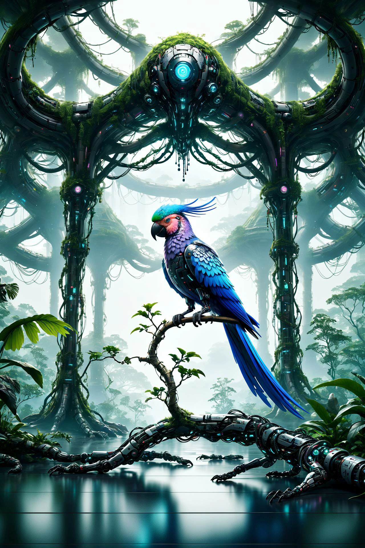 cyberanimals, Imagine a dense and colorful jungle scene, where the rich, lush greenery and vibrant flowers in a myriad of hues. The overall ambiance of the image is somewhat dark, conveying the depth and mystery of the jungle. However, light rays pierce through the thick canopy above, creating dynamic beams that illuminate patches of the verdant underbrush and floral sea. Perched on a branch within this vivid setting is a cybernetic parrot, its design a stark contrast to the natural surroundings. The parrot's feathers are a striking blend of teal, magenta, and other vivid cyberpunk colors. Its eyes emit a soft, glowing light, adding an otherworldly element to the scene. This juxtaposition of the natural jungle environment with the futuristic, colorful cybernetic parrot creates a unique and visually striking image <lora:Neon_Cyberpunk_SDXL_Cyberanimals:1> ac_neg2 <lora:EnvyZoomSliderXL01:-1>, (masterpiece:1.2), best quality, (hyperdetailed, highest detailed:1.2), high resolution textures, <lora:EnvyBetterHiresFixXL01:1>