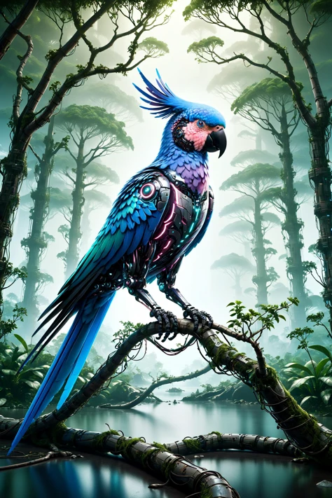 cyberanimals, Imagine a dense and colorful jungle scene, where the rich, lush greenery and vibrant flowers in a myriad of hues. The overall ambiance of the image is somewhat dark, conveying the depth and mystery of the jungle. However, light rays pierce through the thick canopy above, creating dynamic beams that illuminate patches of the verdant underbrush and floral sea. Perched on a branch within this vivid setting is a cybernetic parrot, its design a stark contrast to the natural surroundings. The parrot's feathers are a striking blend of teal, magenta, and other vivid cyberpunk colors. Its eyes emit a soft, glowing light, adding an otherworldly element to the scene. This juxtaposition of the natural jungle environment with the futuristic, colorful cybernetic parrot creates a unique and visually striking image <lora:Neon_Cyberpunk_SDXL_Cyberanimals:1> ac_neg2 <lora:EnvyZoomSliderXL01:-1>, (masterpiece:1.2), best quality, (hyperdetailed, highest detailed:1.2), high resolution textures, <lora:EnvyBetterHiresFixXL01:1>