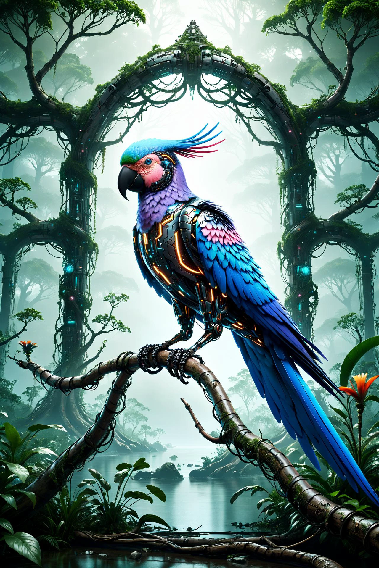 cyberanimals, Imagine a dense and colorful jungle scene, where the rich, lush greenery and vibrant flowers in a myriad of hues. The overall ambiance of the image is somewhat dark, conveying the depth and mystery of the jungle. However, light rays pierce through the thick canopy above, creating dynamic beams that illuminate patches of the verdant underbrush and floral sea. Perched on a branch within this vivid setting is a cybernetic parrot, its design a stark contrast to the natural surroundings. The parrot's feathers are a striking blend of teal, magenta, and other vivid cyberpunk colors. Its eyes emit a soft, glowing light, adding an otherworldly element to the scene. This juxtaposition of the natural jungle environment with the futuristic, colorful cybernetic parrot creates a unique and visually striking image <lora:Neon_Cyberpunk_SDXL_Cyberanimals:1> ac_neg2 <lora:EnvyZoomSliderXL01:-1>, (masterpiece:1.2), best quality, (hyperdetailed, highest detailed:1.2), high resolution textures, <lora:EnvyBetterHiresFixXL01:1>