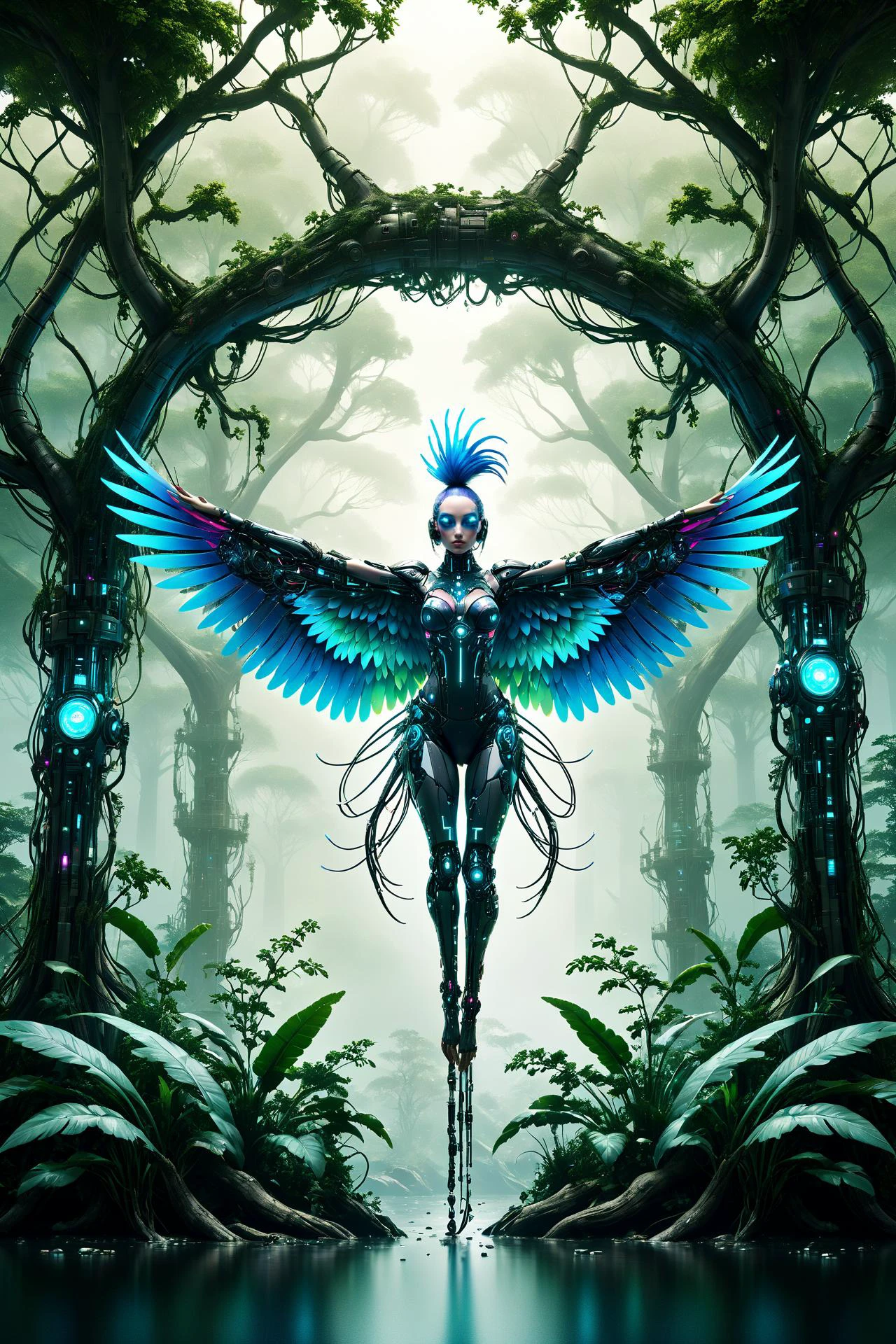 cyberanimals, Imagine a dense and colorful jungle scene, where the rich, lush greenery and vibrant flowers in a myriad of hues. The overall ambiance of the image is somewhat dark, conveying the depth and mystery of the jungle. However, light rays pierce through the thick canopy above, creating dynamic beams that illuminate patches of the verdant underbrush and floral sea. Perched on a branch within this vivid setting is a cybernetic parrot, its design a stark contrast to the natural surroundings. The parrot's feathers are a striking blend of teal, magenta, and other vivid cyberpunk colors. Its eyes emit a soft, glowing light, adding an otherworldly element to the scene. This juxtaposition of the natural jungle environment with the futuristic, colorful cybernetic parrot creates a unique and visually striking image <lora:Neon_Cyberpunk_SDXL_Cyberanimals:1> ac_neg2 <lora:EnvyZoomSliderXL01:-1>, (masterpiece:1.2), best quality, (hyperdetailed, highest detailed:1.2), high resolution textures, <lora:EnvyBetterHiresFixXL01:1>