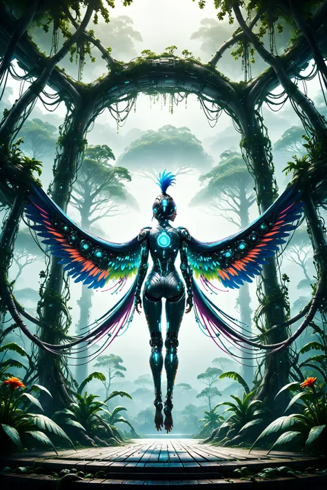 cyberanimals, Imagine a dense and colorful jungle scene, where the rich, lush greenery and vibrant flowers in a myriad of hues. The overall ambiance of the image is somewhat dark, conveying the depth and mystery of the jungle. However, light rays pierce through the thick canopy above, creating dynamic beams that illuminate patches of the verdant underbrush and floral sea. Perched on a branch within this vivid setting is a cybernetic parrot, its design a stark contrast to the natural surroundings. The parrot's feathers are a striking blend of teal, magenta, and other vivid cyberpunk colors. Its eyes emit a soft, glowing light, adding an otherworldly element to the scene. This juxtaposition of the natural jungle environment with the futuristic, colorful cybernetic parrot creates a unique and visually striking image <lora:Neon_Cyberpunk_SDXL_Cyberanimals:1> ac_neg2 <lora:EnvyZoomSliderXL01:-1>, (masterpiece:1.2), best quality, (hyperdetailed, highest detailed:1.2), high resolution textures, <lora:EnvyBetterHiresFixXL01:1>