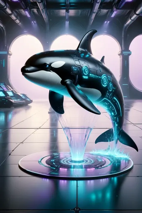 DonMH010D15pl4yXL cyberanimals, teal and purple holographic translucent display of an orca, cyberpunk<lora:Neon_Cyberpunk_SDXL_Cyberanimals:0.8> <lora:DonMH010D15pl4yXL:0.8>, <lora:EnvyBetterHiresFixXL01:1>, RAW photo, subject, 8k uhd, dslr, soft lighting, high quality, film grain, Fujifilm XT3
