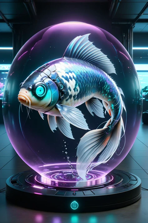 DonMH010D15pl4yXL cyberanimals, teal and purple holographic translucent display of an koi, cyberpunk<lora:Neon_Cyberpunk_SDXL_Cyberanimals:0.8> <lora:DonMH010D15pl4yXL:0.8>, <lora:EnvyBetterHiresFixXL01:1>, RAW photo, subject, 8k uhd, dslr, soft lighting, high quality, film grain, Fujifilm XT3