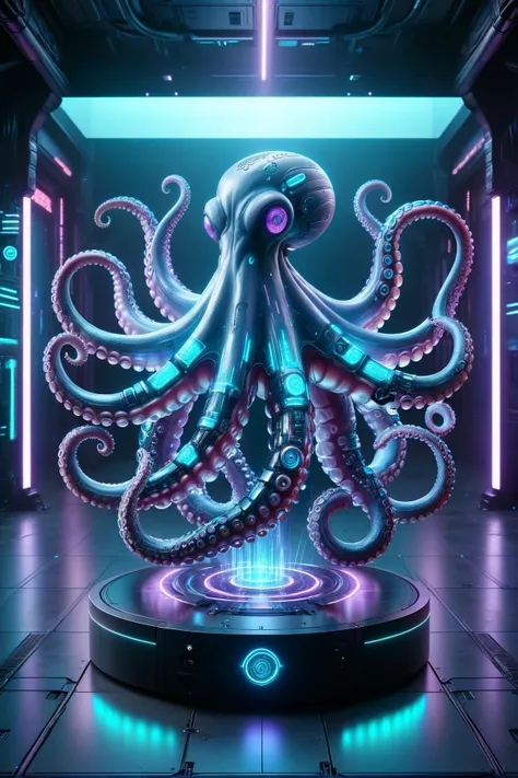 DonMH010D15pl4yXL cyberanimals, teal and purple holographic translucent display of an octopus, cyberpunk<lora:Neon_Cyberpunk_SDXL_Cyberanimals:0.8> <lora:DonMH010D15pl4yXL:0.8>, <lora:EnvyBetterHiresFixXL01:1>, RAW photo, subject, 8k uhd, dslr, soft lighting, high quality, film grain, Fujifilm XT3
