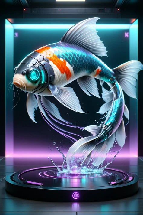 DonMH010D15pl4yXL cyberanimals, teal and purple holographic translucent display of an koi, cyberpunk<lora:Neon_Cyberpunk_SDXL_Cyberanimals:0.8> <lora:DonMH010D15pl4yXL:0.8>, <lora:EnvyBetterHiresFixXL01:1>, RAW photo, subject, 8k uhd, dslr, soft lighting, high quality, film grain, Fujifilm XT3