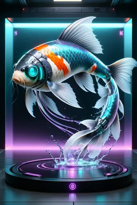 DonMH010D15pl4yXL  cyberanimals, teal and purple holographic translucent display of an koi, cyberpunk<lora:Neon_Cyberpunk_SDXL_Cyberanimals:0.8> <lora:DonMH010D15pl4yXL:0.8>, <lora:EnvyBetterHiresFixXL01:1>, RAW photo, subject, 8k uhd, dslr, soft lighting, high quality, film grain, Fujifilm XT3