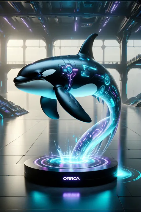DonMH010D15pl4yXL cyberanimals, teal and purple holographic translucent display of an orca, cyberpunk<lora:Neon_Cyberpunk_SDXL_Cyberanimals:0.8> <lora:DonMH010D15pl4yXL:0.8>, <lora:EnvyBetterHiresFixXL01:1>, RAW photo, subject, 8k uhd, dslr, soft lighting, high quality, film grain, Fujifilm XT3