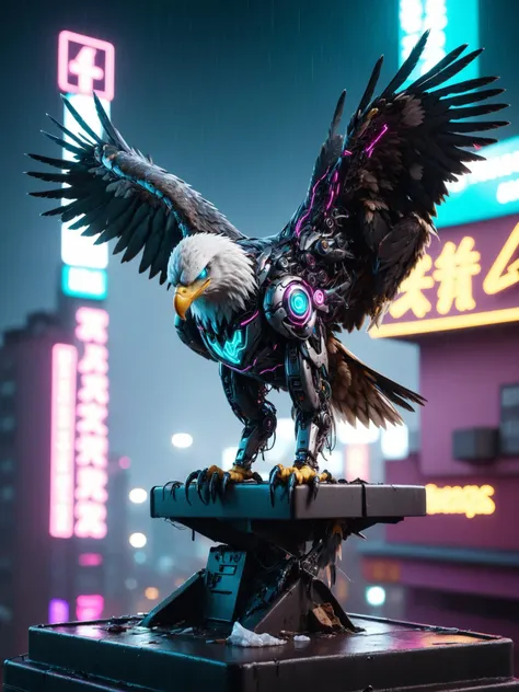 mad-cybrnmls eagle perched on top neon sign on a roof above a busy cyberpunk city, neon lights, (night:1.4), rain, puddle, (garbage:1.3), dynamic pose, cinematic shot, teal, magenta, yellow, deep shadows  <lora:Neon_Cyberpunk_Cyberanimal_SDXL_v2:0.8> sharp, raw photo, film grain, Fujifilm XT3, (photorealistic, realistic:1.2), deep shadow,  8k, uhd, dslr, ultra high res