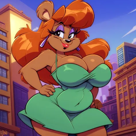 julie bruin, body fur, brown fur, long hair, orange hair, 1girl, solo, solo focus, cinematic lighting, analog style, animal ears, animal nose, black eyes, masterpiece, best quality, 4k, professional, ((perfect anatomy)), (uploaded on e621), (((by joelasko, by jinu))) <lora:Julie Bruinv1:1>, large breasts, navel, cleavage, bear girl, outside, city, buildings, blue sky, standing looking at viewer, black gloves, gloves, highheels, extremely curvy, green dress, tight dress, perfect face, makeup, only has brown fur, lipstick, hands on hips