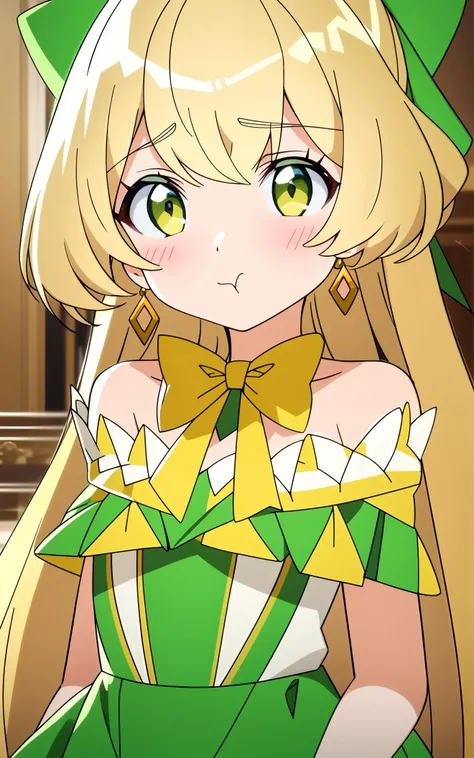 teles, (masterpiece), best quality, <lora:TelestiaTerraEsfort3:0.75>, earrings, jewelry, blonde hair, long hair, green eyes, 1girl, looking at viewer, closed mouth, bow, solo, bare shoulders, bangs, yellow bow, green dress, upper body, petite, blush, pout, closed mouth, portrait