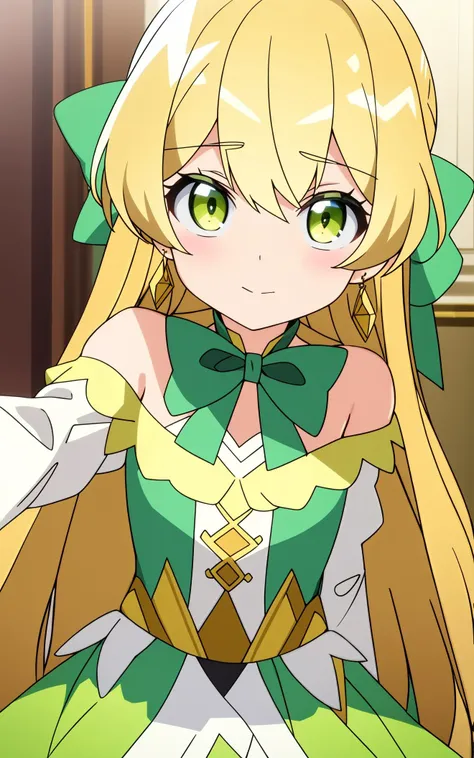 teles, (masterpiece), best quality, <lora:TelestiaTerraEsfort3:0.80>, earrings, jewelry, blonde hair, long hair, green eyes, 1girl, looking at viewer, closed mouth, bow, solo, bare shoulders, bangs, yellow bow, green dress, upper body, petite