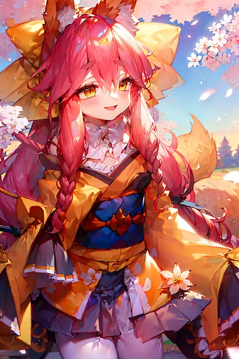 yu zao qian,1girl,solo,fox ears,japanese clothes,animal ear fluff,sash,kimono,smile,blush,hair between eyes,wide sleeves,obi,sleeves past wrists,blue sky,flowering cherry,<lora:yu zao qian_çè»è¾èäº:1>,blue sky,flowering cherry,(sunrise stance:1.3),, (masterpiece), (best quality), HDR, intricate detail,