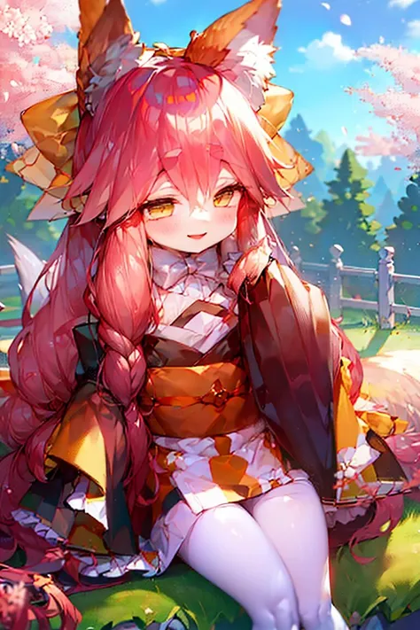 yu zao qian,1girl,animal ears,solo,fox ears,japanese clothes,animal ear fluff,looking at viewer,sash,kimono,smile,blush,hair between eyes,wide sleeves,obi,sleeves past wrists,blue sky,on ground,flowering cherry,<lora:yu zao qian_çè»è¾èäº:1>,blue sky,on ground,flowering cherry,, (masterpiece), (best quality), HDR, intricate detail,