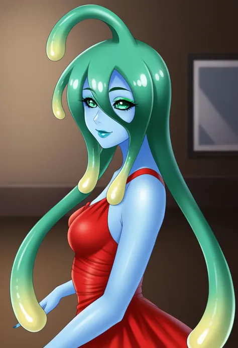 1girl, long_hair, looking_at_viewer, standing, makeup, mascara, small breasts, nail_polish, smile, solo, very long hair, indoors, masterpiece, high_quality, mmsuu, monster girl, slime girl, blue skin, tentacle hair, ahoge, upper body, face focus, face close-up, makeup, green eyeshadow, neko smile, cat smile, blue lips, lipstick, living room, full lips, long dress, red dress, evening dress, silky dress