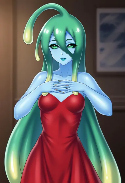 1girl, long_hair, looking_at_viewer, standing, makeup, mascara, small breasts, nail_polish, smile, solo, very long hair, indoors, masterpiece, high_quality, mmsuu, monster girl, slime girl, blue skin, tentacle hair, ahoge, upper body, face focus, face close-up, makeup, green eyeshadow, neko smile, cat smile, blue lips, lipstick, living room, full lips, long dress, red dress, evening dress, silky dress